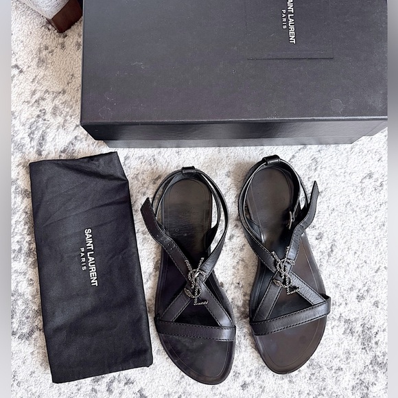Saint Laurent Black Strappy YSL logo flat sandals black silver 37 + box - Picture 2 of 16